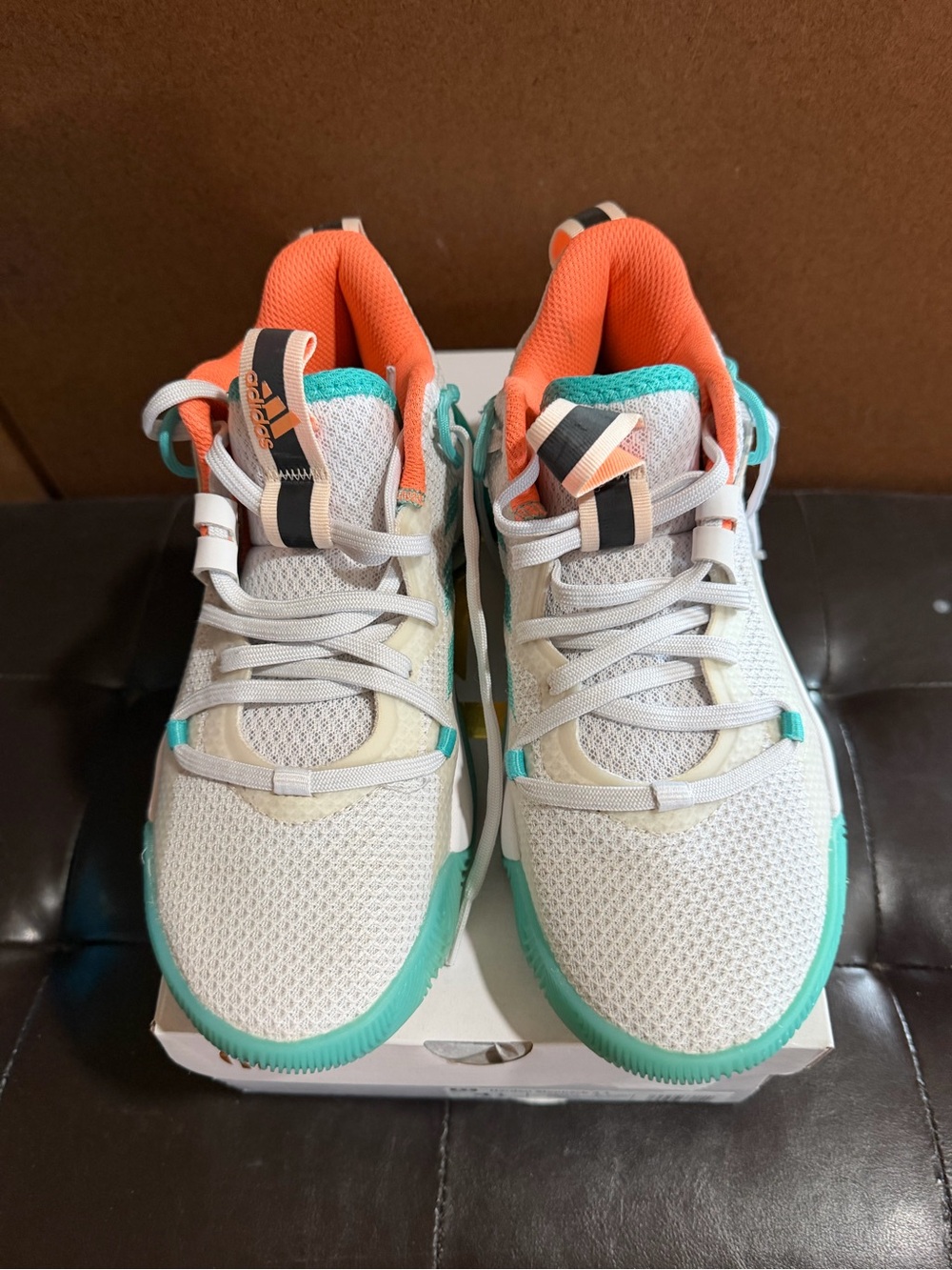 Adidas Harden stepback3 basketball kids sneakers 4 1/2 white/orange/teal